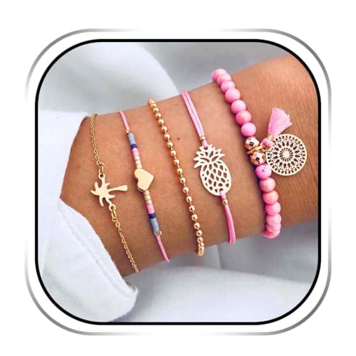 Evlry Boho Armband-Set mit Perlenquasten, goldenes Herz-Armband, verstellbare Handkette für Damen (5 Stück) von Evlry