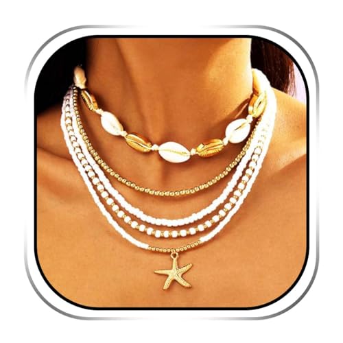 Evlry Boho-Halskette mit Muscheln und goldenem Seestern-Anhänger, Strand-Perlen-Choker für Damen von Evlry