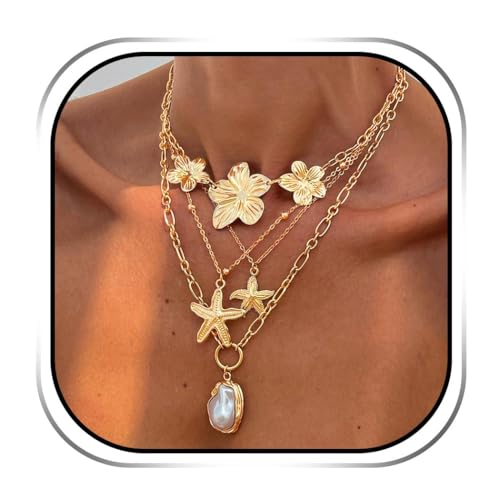 Evlry Boho-Halskette mit Seestern und gold Blumenanhänger, Perlen-Choker-Accessoire für Damen von Evlry