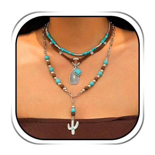 Evlry Boho-Halskette mit türkisfarbenem Kaktus-Anhänger und Perlenverzierung für Damen von Evlry