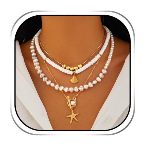 Evlry Boho-Perlenkette mit goldenem Seestern-Anhänger, Strandmuschel-Halskette für Damen von Evlry