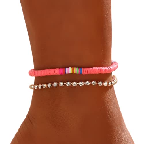 Evlry Boho Strass Fußkettchen Perle Knöchel Armband Mode Strand Fußkette Zubehör Schmuck verstellbar für Frauen und Mädchen (Rose Red) von Evlry