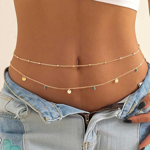 Evlry Boho Taillenkette Gold Perlen-Bauchkette, Layered Pailletten-Körperkette, Mode Rave-Körperzubehör für Frauen von Evlry