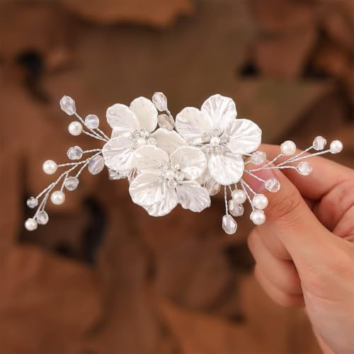 Evlry Braut Haarschmuck Weiß Blumen Hochzeit Haarspange Perlen Haare Brautschmuck für Damen und Mädchen von Evlry