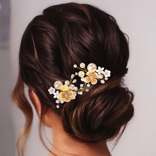 Evlry Braut Hochzeit Blume Haarnadeln Perle Brautschmuck Kristall Haarspangen Hochzeit Haarschmuck für Frauen und Mädchen (2 Stück) von Evlry