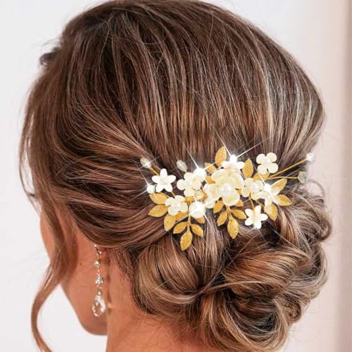 Evlry Blumen Braut Hochzeit Haarkämme Perlen Kopfschmuck Blatt Haarschmuck für Frauen und Mädchen von Evlry