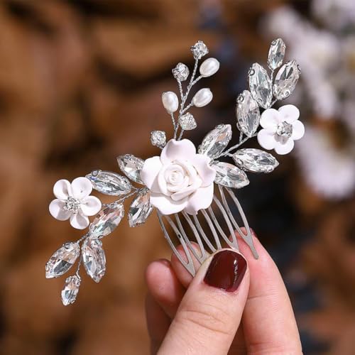 Evlry Braut Haarschmuck Hochzeit Silber Blumen Haarkamm Kristall Kopfschmuck für Frauen und Mädchen von Evlry