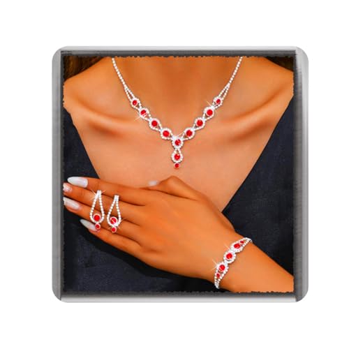 Evlry Braut Schmuck Set Strass Halskette Funkelnden Kristallen Hochzeits Formeller Halsketten Ohrringe und Armband für Frauen und Bräute (Rot) von Evlry