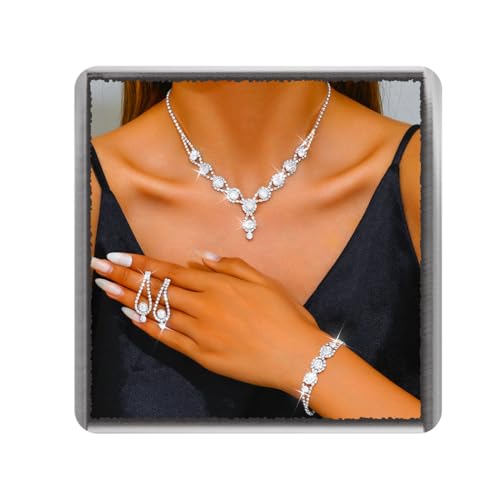 Evlry Braut Schmuck Set Strass Halskette Funkelnden Kristallen Hochzeits Formeller Halsketten Ohrringe und Armband für Frauen und Bräute (Silber) von Evlry