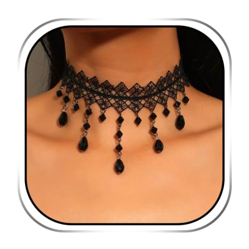Evlry Gothic-Spitzen-Choker-Halskette, schwarze Perlen, Quasten-Halsketten, Kristall, hohl, Blumen-Choker-Schmuck für Frauen Evlry Gothic-Spitzen-Choker-Halskette, schwarze Perlen, Quasten-Halsketten, Kristall, hohl, Blumen-Choker-Schmuck für Frauen von Evlry