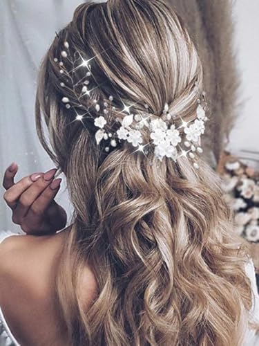 Evlry Hochzeit Blume Haar Rebe Silber Perle Braut Haarranken Blatt Kopfschmuck Braut Haarschmuck für Frauen von Evlry