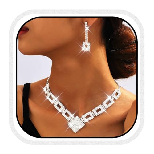 Evlry Kristall-Brautschmuck-Set mit Strass, Halskette und Ohrringen, Hochzeitsschmuck für Frauen und Bräute (Silber) von Evlry