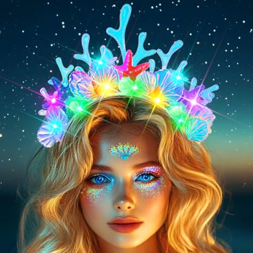 Evlry Leuchtend Meerjungfrau Krone Haarreif Leuchtendes Muschel Haarband LED Festival Party Haarschmuck für Damen von Evlry