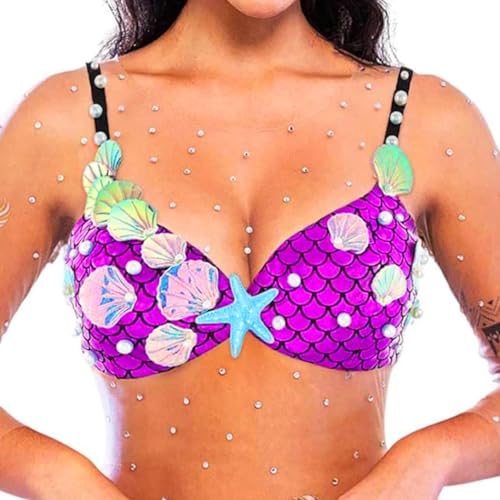 Evlry Meerjungfrau-BH Top, Fischschuppen-BH Strand Muschel BH Tops, Perlen Rave Party Bikini Oberteil für Frauen von Evlry