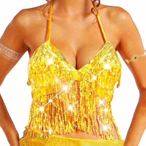 Evlry Pailletten-Neckholder-Top Mit Goldener Quaste - Glitzerndes Bra-Top, Bauchfrei für Rave-Partys und Clubs - für Frauen und Mädchen von Evlry