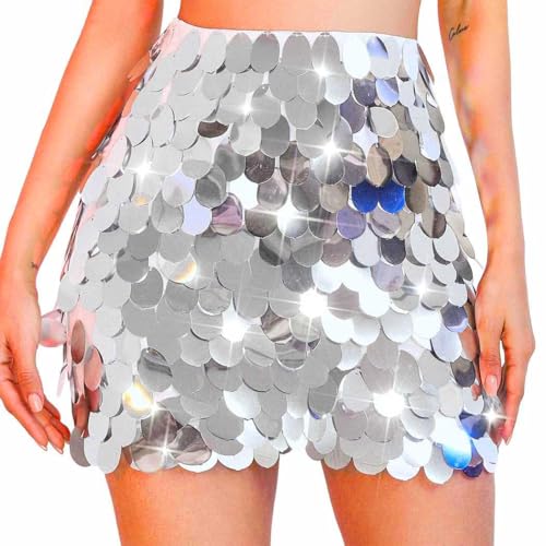 Evlry Paillettenrock Silber glitzernder Tanz-Minirock Hüfttuch Halloween Disco Club Rave-Röcke für Frauen von Evlry