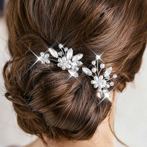 Evlry Perlen Braut Hochzeit Haarnadeln Silber Blume Haarschmuck Haarteil Kristall Haarspangen für Frauen und Mädchen (2 Stück) von Evlry