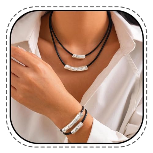 Evlry Punk-Schmuckset Schwarz Bar Choker Lederkette und Armband für Frauen und Mädchen von Evlry