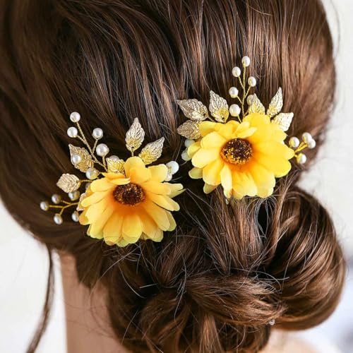Evlry Sonnenblumen Hochzeit Haarnadeln Gold Perlen Haarschmuck Blatt Braut Haarteile für Frauen und Mädchen (2 Stück) von Evlry