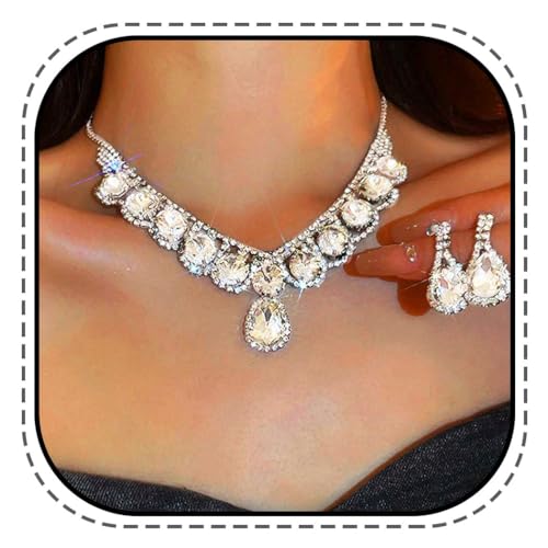 Evlry Strass Braut Hochzeitsschmuck Set Silber Kristall Halskette und Ohrringe Formeller Schmuck für Frauen und Bräute von Evlry