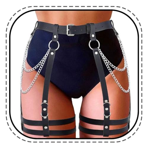 Evlry Strumpfband Leder Harness Oberschenkel Frauen Schwarz Gothic Körperkette Strumpfbänder Halloween Karneval Zubehör von Evlry