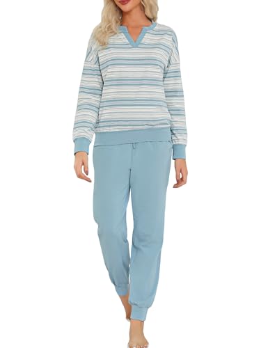 EvolSer Schlafanzug Damen Lang Baumwolle Pyjama Set Streifen Zweiteiliger Nachtwäsche Sleepwear mit V-Ausschnitt und Bündchen Blau M von EvolSer