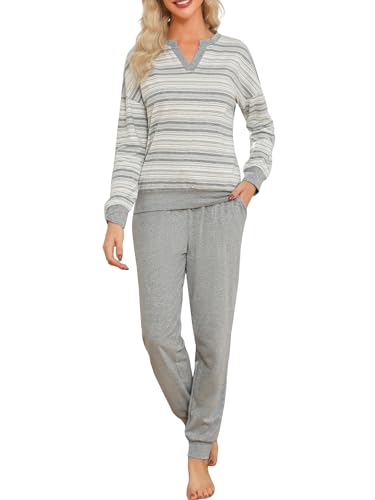 EvolSer Schlafanzug Damen Lang Baumwolle Pyjama Set Streifen Zweiteiliger Nachtwäsche Sleepwear mit V-Ausschnitt und Bündchen Grau L von EvolSer