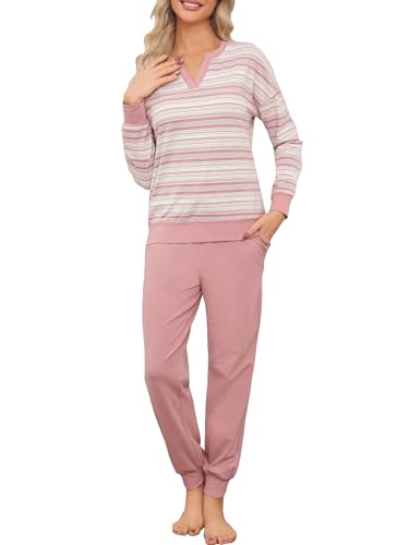 EvolSer Schlafanzug Damen Lang Baumwolle Pyjama Set Streifen Zweiteiliger Nachtwäsche Sleepwear mit V-Ausschnitt und Bündchen Rosa L von EvolSer