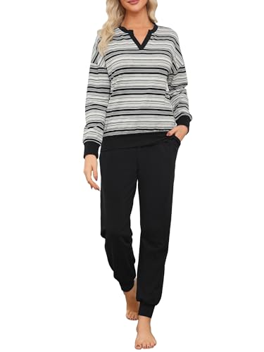 EvolSer Schlafanzug Damen Lang Baumwolle Pyjama Set Streifen Zweiteiliger Nachtwäsche Sleepwear mit V-Ausschnitt und Bündchen Schwarz L von EvolSer