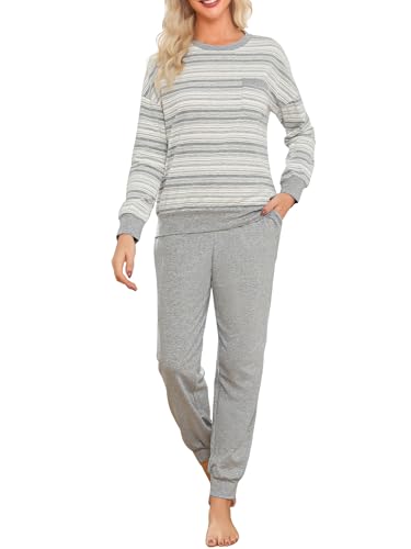 EvolSer Schlafanzug Damen Lang Pyjama Set Baumwolle Nachtwäsche Sleepwear Langarm Rundhalsausschnitt mit Brusttasche und Bündchen Grau S von EvolSer