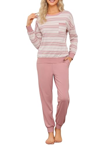 EvolSer Schlafanzug Damen Lang Pyjama Set Baumwolle Nachtwäsche Sleepwear Langarm Rundhalsausschnitt mit Brusttasche und Bündchen Rosa S von EvolSer