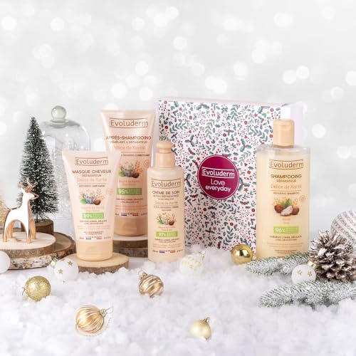 EVOLUDERM - Geschenkset für Damen – Haarpflege mit Sheabutter – 4 Produkte + Haargummi – Geschenkidee – Geschenkbox Weihnachten – Geburtstags-Box – Muttertag – Französisches Produkt (Weihnachten) von Evoluderm