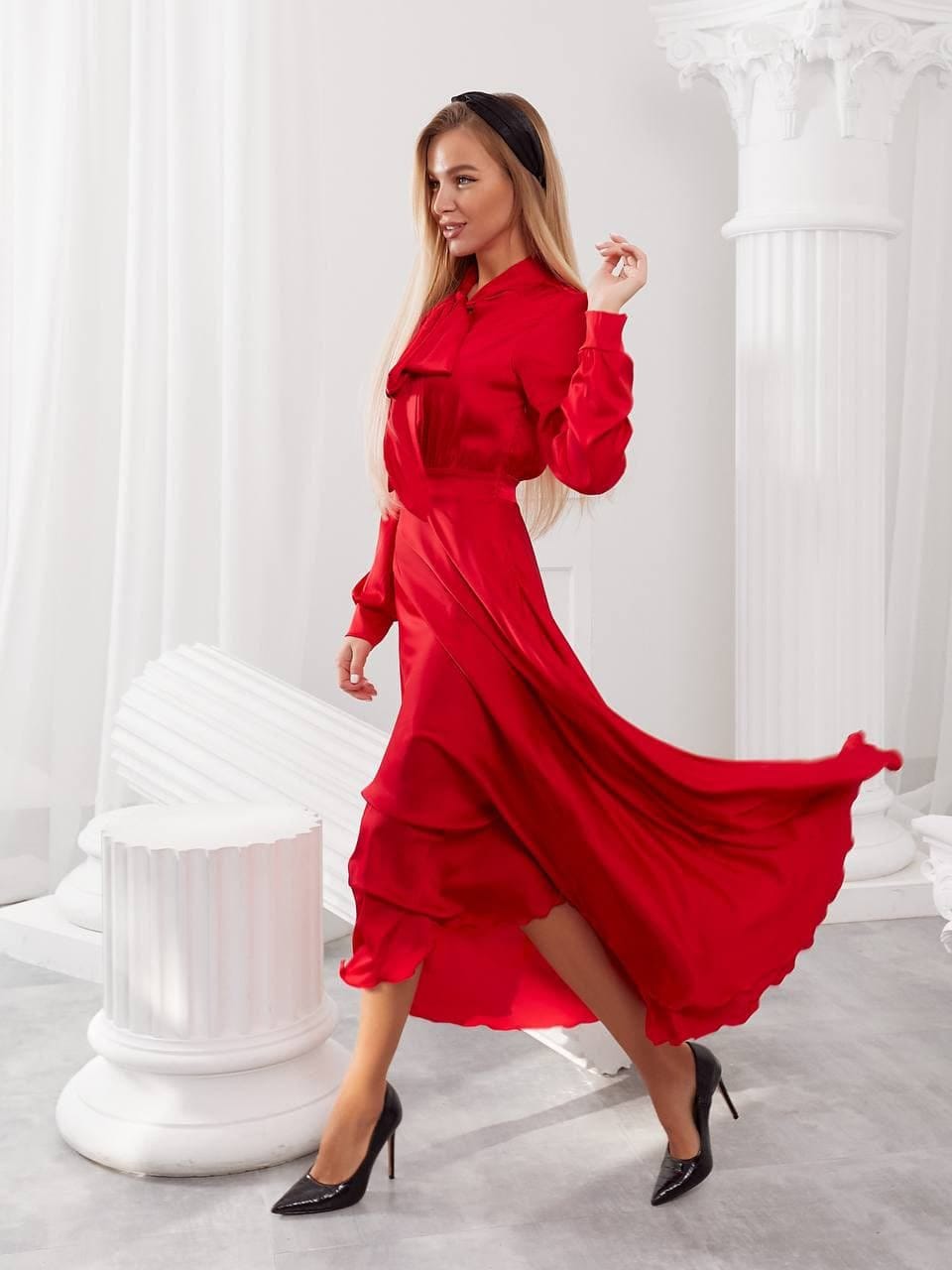 Rotes Seiden-Midi-Kleid, Bescheidenes Seidenkleid Für Frauen, Rotes Seiden-Langes Kleid Mit Langen Ärmeln, Verlobungskleid von EvolveUA