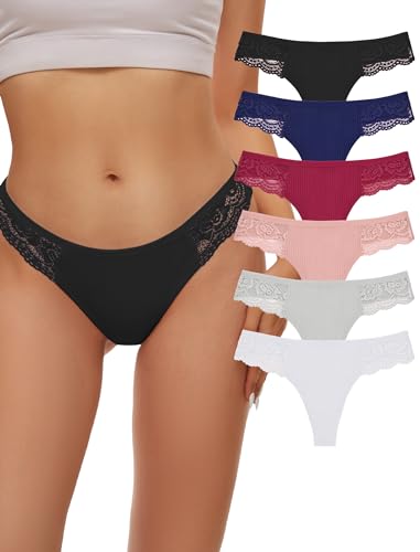 Evolyline 6er Pack String Tanga Damen String Set Baumwolle Strings Spitze Tanga Spitze Niedrige Taille Slips Baumwoll Unterhosen Sexy Unterwäsche für Frauen von Evolyline