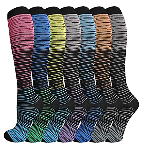 Evolyline 7 Paar Kompressionsstrümpfe Damen Herren, Medizinisch Stützstrümpfe Laufsocken Kompressionssocken, Thrombosestrümpfe Abgestufte Unterstützung Reduzieren Beinschmerzen für Flug Sport Bunt von Evolyline