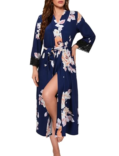 Evolyline Bademantel Damen Leicht Lang Morgenmantel V-Ausschnitt Nachthemd Langarm Spitze Kimono Bathrobe Women Sauna Hausmantel von Evolyline