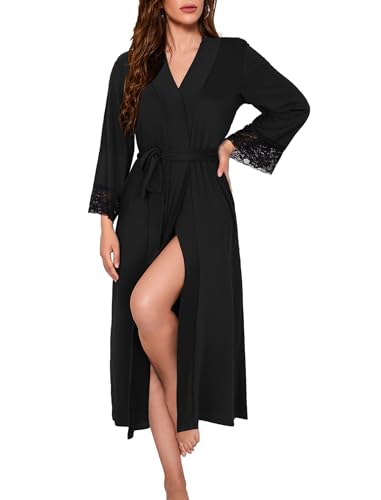 Evolyline Bademantel Damen Leicht Lang Morgenmantel V-Ausschnitt Nachthemd Langarm Spitze Kimono Bathrobe Women Sauna Hausmantel von Evolyline
