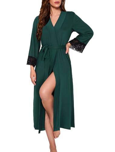 Evolyline Bademantel Damen Leicht Lang Morgenmantel V-Ausschnitt Nachthemd Langarm Spitze Kimono Bathrobe Women Sauna Hausmantel von Evolyline