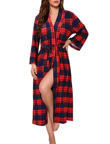 Evolyline Bademantel Damen Leicht Lang Morgenmantel Weihnachten Kariert V-Ausschnitt Nachthemd Langarm Spitze Kimono Bathrobe Women Sauna Hausmantel von Evolyline