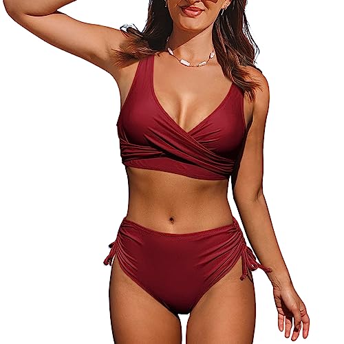 Evolyline Bikini Damen Set Bauchweg Push Up Sexy High Waist, Twist Front Bademode Damen V-Ausschnitt Cross Back Badeanzüge, Bikini-Sets für Damen Kordelzug Side Badeanzug Zweiteilige Swimsuit von Evolyline