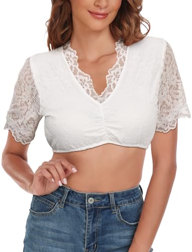 Evolyline Damen Dirndlbluse Spitze Dirndl Bluse v Ausschnitt Weiß Dirndlbluse Kurzarm Oktoberfest Dirndlblusen Trachtenbluse Weiß Halbarm Tracht Bluse Kurzarm Trachten floraler Spitze Trachtenbluse von Evolyline