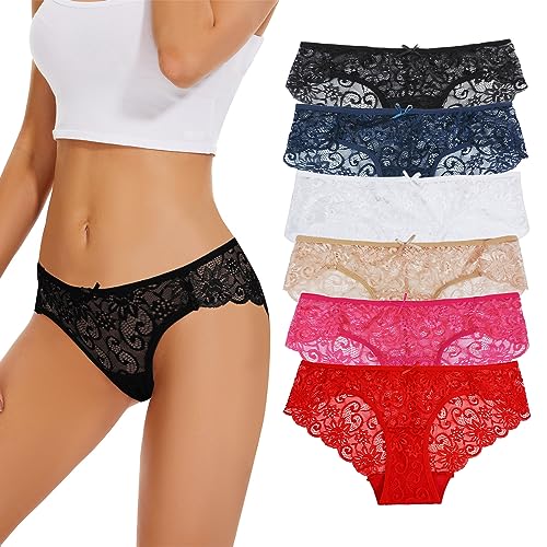 Evolyline Damen Spitze Hipster Panties Unterhosen Spitze Slips Damen Spitze Hipster Brazilian Slip Unterhosen Damen Spitze Weich Pantys 6er Pack von Evolyline