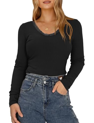 Evolyline Damen V-Ausschnitt Langarmshirts Spitze Langarmshirt Basic Slim Fit Warm Unterhemd Unterziehshirt Dünn Oberteil T-Shirt Stretch Tops für Herbst Winter von Evolyline
