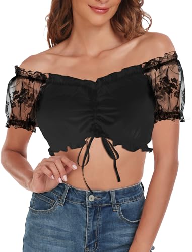 Evolyline Dirndl Bluse Damen Spitze Dirndlbluse Weiß Kurzarm Dirndlblusen für Oktoberfest Trachtenblusen Elegant Halbarm Oktoberfest Kostüm Dirndlblusen Spitzenbluse Oktoberfest Kostüm schwarz/Weiß von Evolyline