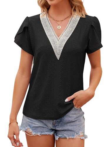 T Shirt Damen Tshirt Sommer Tops Elegant Longshirt, Blusen & Tuniken V Ausschnitt Kurzarm Lässige Lochstickerei Oberteil T-Shirts musselin Bluse, Casual Trachtenbluse Damenblusen Tunika Modern 2025 von Evolyline
