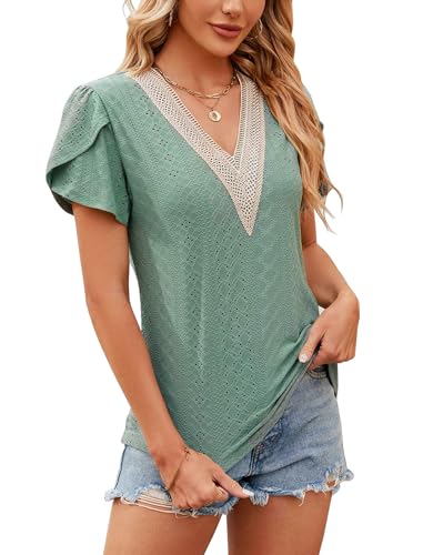 T Shirt Damen Tshirt Sommer Tops Elegant Longshirt, Blusen & Tuniken V Ausschnitt Kurzarm Lässige Lochstickerei Oberteil T-Shirts musselin Bluse, Casual Trachtenbluse Damenblusen Tunika Modern 2025 von Evolyline