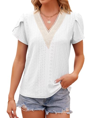 T Shirt Damen Tshirt Sommer Tops Elegant Longshirt, Blusen & Tuniken V Ausschnitt Kurzarm Lässige Lochstickerei Oberteil T-Shirts musselin Bluse, Casual Trachtenbluse Damenblusen Tunika Modern 2025 von Evolyline