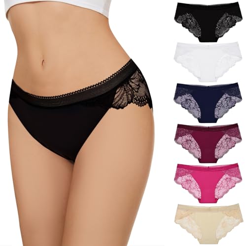 Evolyline Unterhosen Damen Spitze Hipster Panties mit Spitze Frauen Weich Unterwäsche Bikini Stretch Slip Damen Spitze 6er Pack von Evolyline