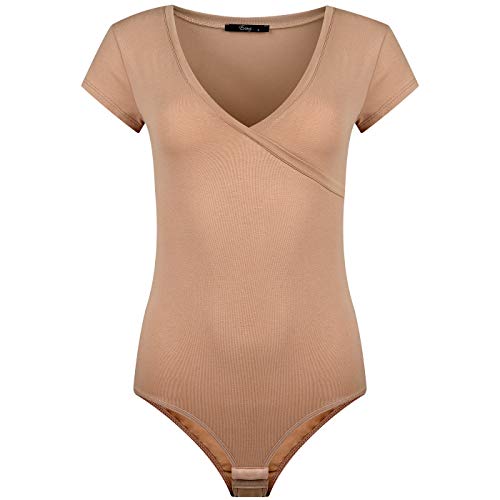 Evoni Damen Body Hellbraun S aus Baumwolle Kurzarmbody mit V-Dekolleté von Evoni