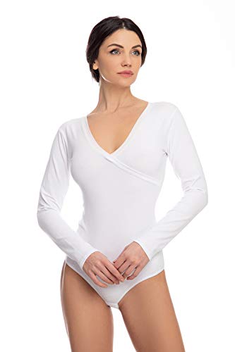 Evoni Damen Body langarm I blickdichter Bodysuit mit V-Ausschnitt für Frauen I Langarmbody aus Baumwolle I Body Shaper mit Verschluß I Jumpsuit M weiß von Evoni